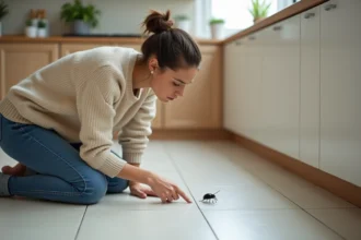 Femme curieuse observant un insecte dans la cuisine