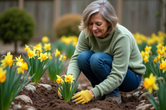 Femme jardinage avec daffodils en pleine terre