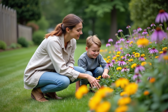 Femme en blouse en lin et jeans dans un jardin fleuri
