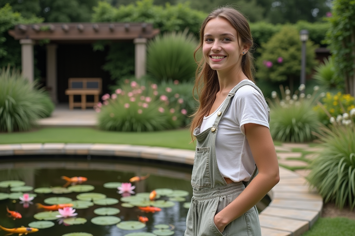 Jeune femme dans le jardin admirant nénuphars et koi