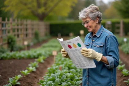 Femme en jardin vérifiant un calendrier lunaire dans un jardin