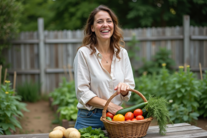 Femme souriante arrangeant des légumes frais dans un panier en extérieur