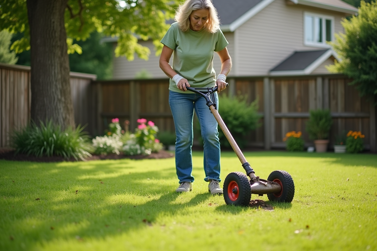 Femme utilisant un aerateur manuel sur une pelouse saine