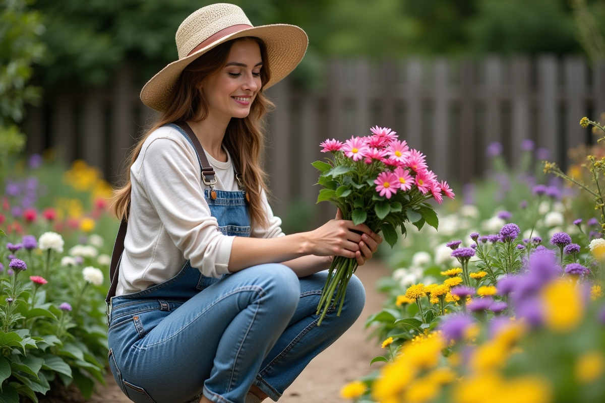 Femme en jardinage arrangeant un bouquet de fleurs colorées