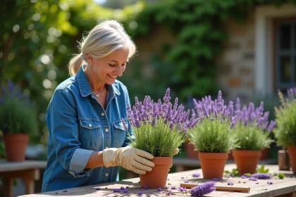 Femme en chemise en denim et gants jardinage taillant une lavande