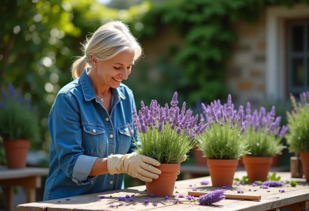 Femme en chemise en denim et gants jardinage taillant une lavande
