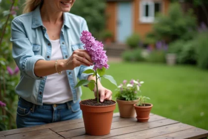 Femme plantant un lilas dans un pot en extérieur