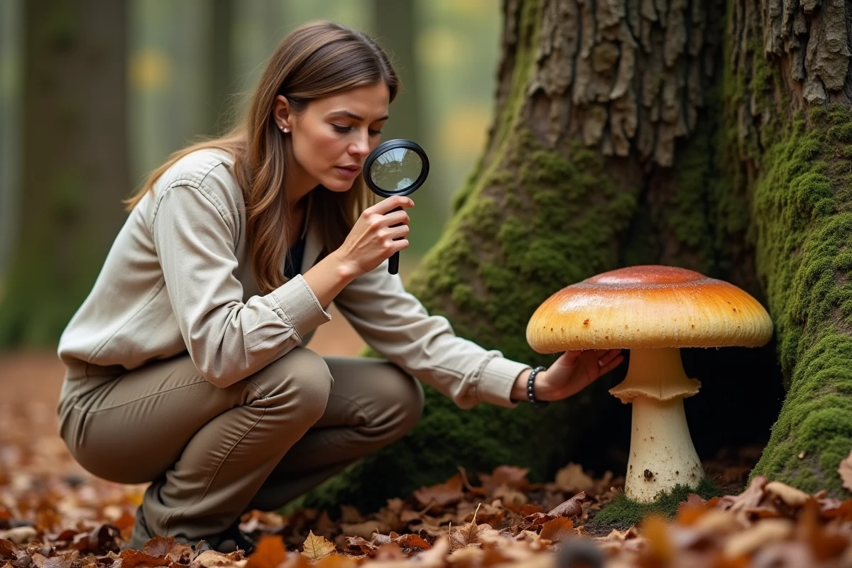 Femme examinant à la loupe les pores d'un bolet à chair jaune au pied d'un chêne en forêt d'automne