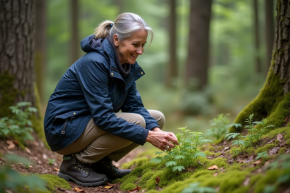 Femme en plein air examinant la mousse en forêt