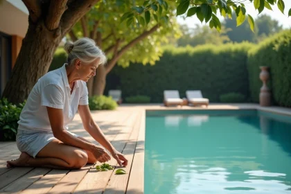 Femme en été nettoie des feuilles de figuier sur terrasse