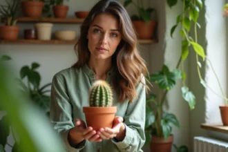Femme offrant un cactus en pot terracotta dans un appartement lumineux à décoration botanique