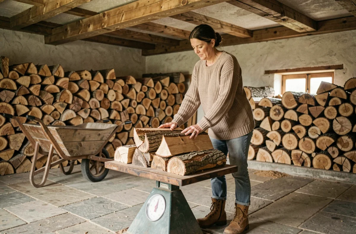 Femme pesant des bûches de bois de chauffage sur une balance dans une réserve de ferme rustique