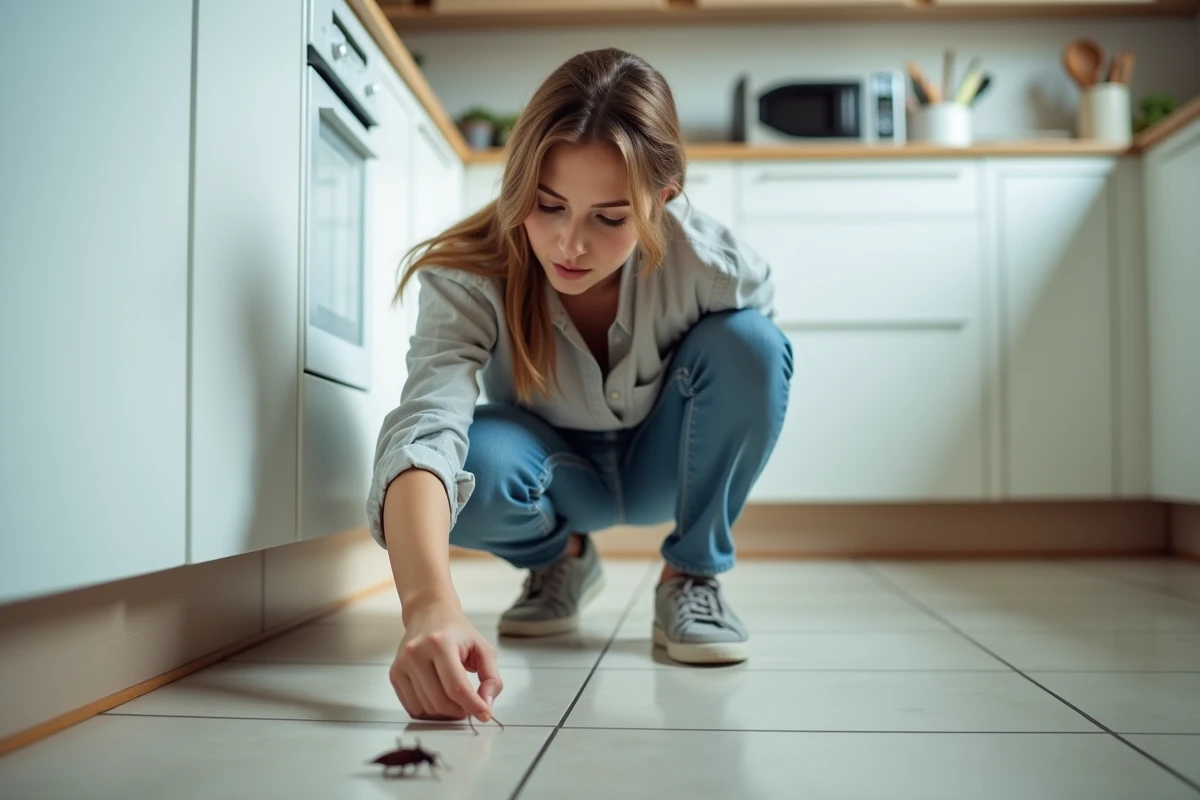 Jeune femme spécialiste en lutte antiparasitaire en cuisine