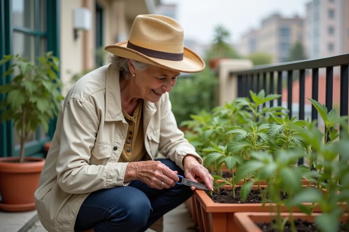 Femme âgée cueillant des tomates sur un balcon urbain