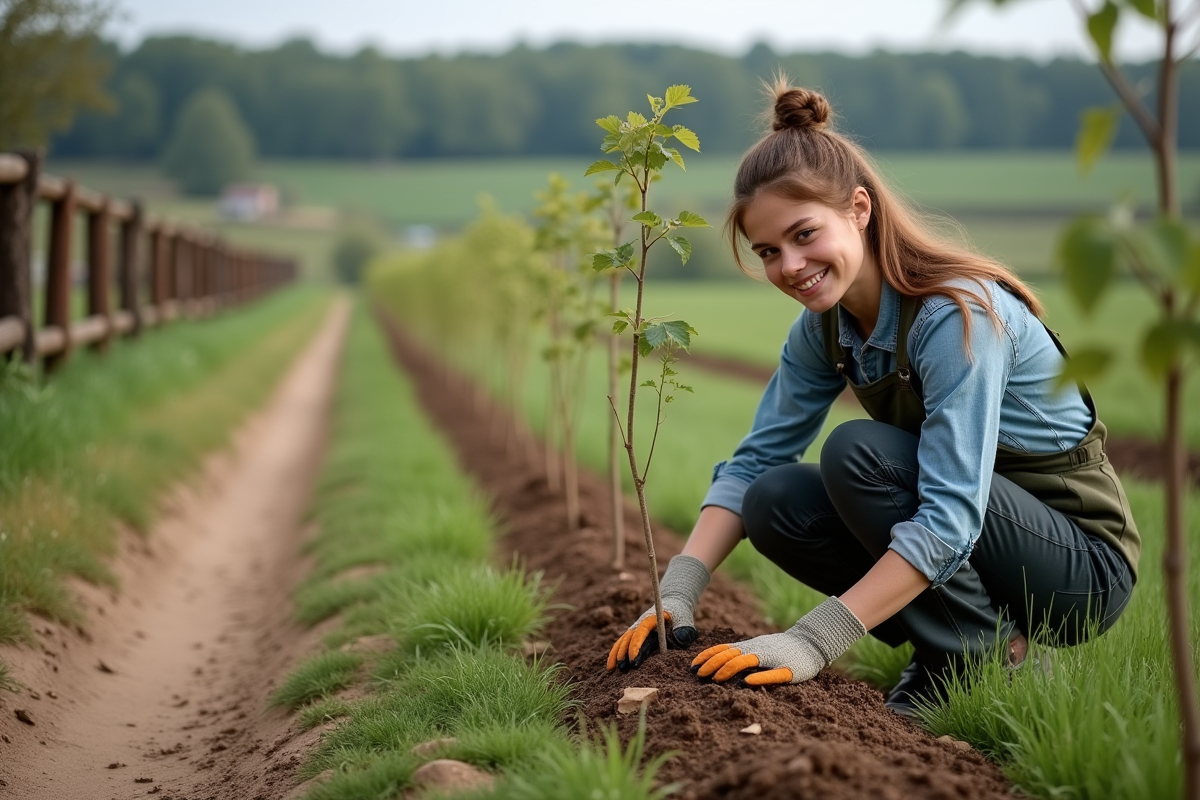 Femme plantant et mulchant jeunes haies dans la campagne
