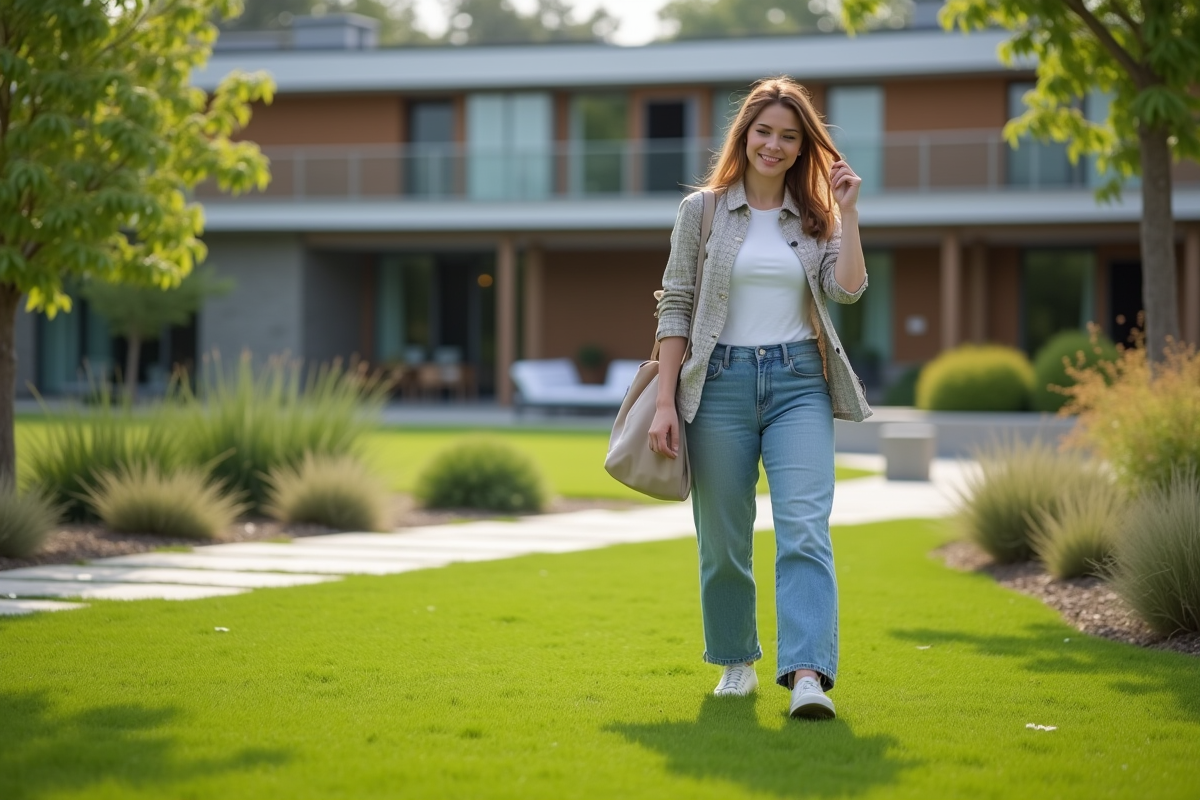 Jeune femme marche sur un gazon dense dans un jardin moderne