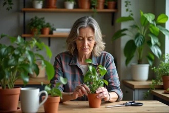 Femme pruneuse prenant des tiges d'un pothos en cuisine