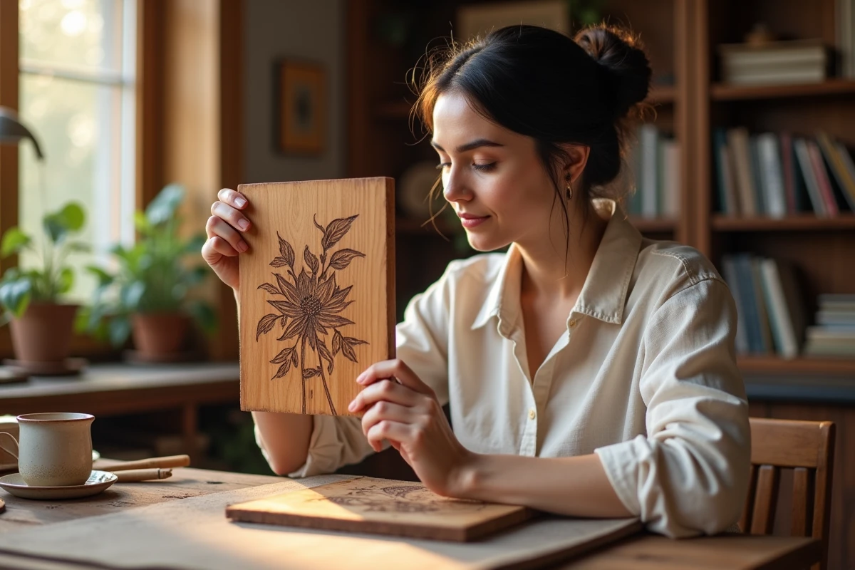 Jeune femme inspectant une pièce de pyrogravure sur bois de cerisier dans un espace de travail lumineux