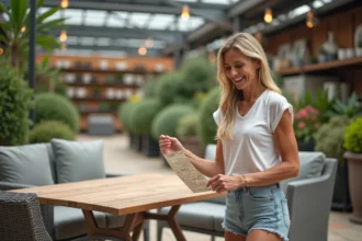 Femme examinant une table de jardin en extérieur