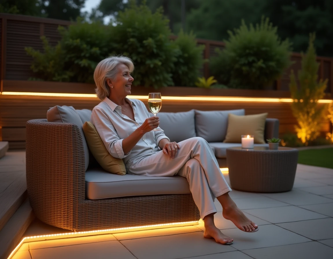 Femme détendue profitant d'un salon de jardin nocturne agrémenté de bandes LED solaires autour du canapé et de la clôture, ambiance conviviale et chaleureuse