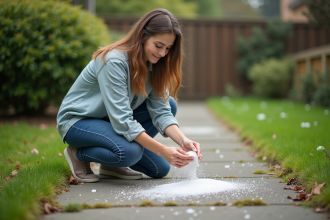 Femme saupoudrant du carbonate sur de la mousse dans un jardin