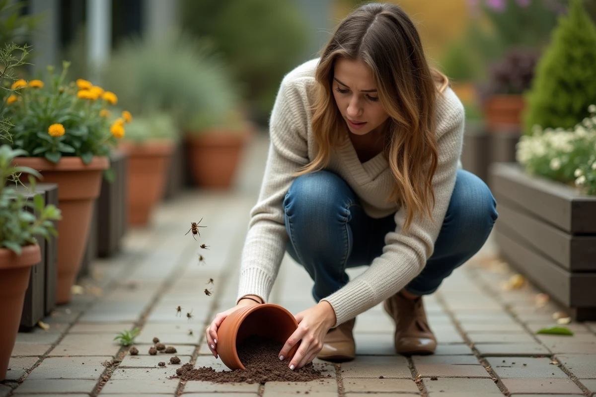 Jeune femme inquiète découvre des abeilles sous un pot de fleurs