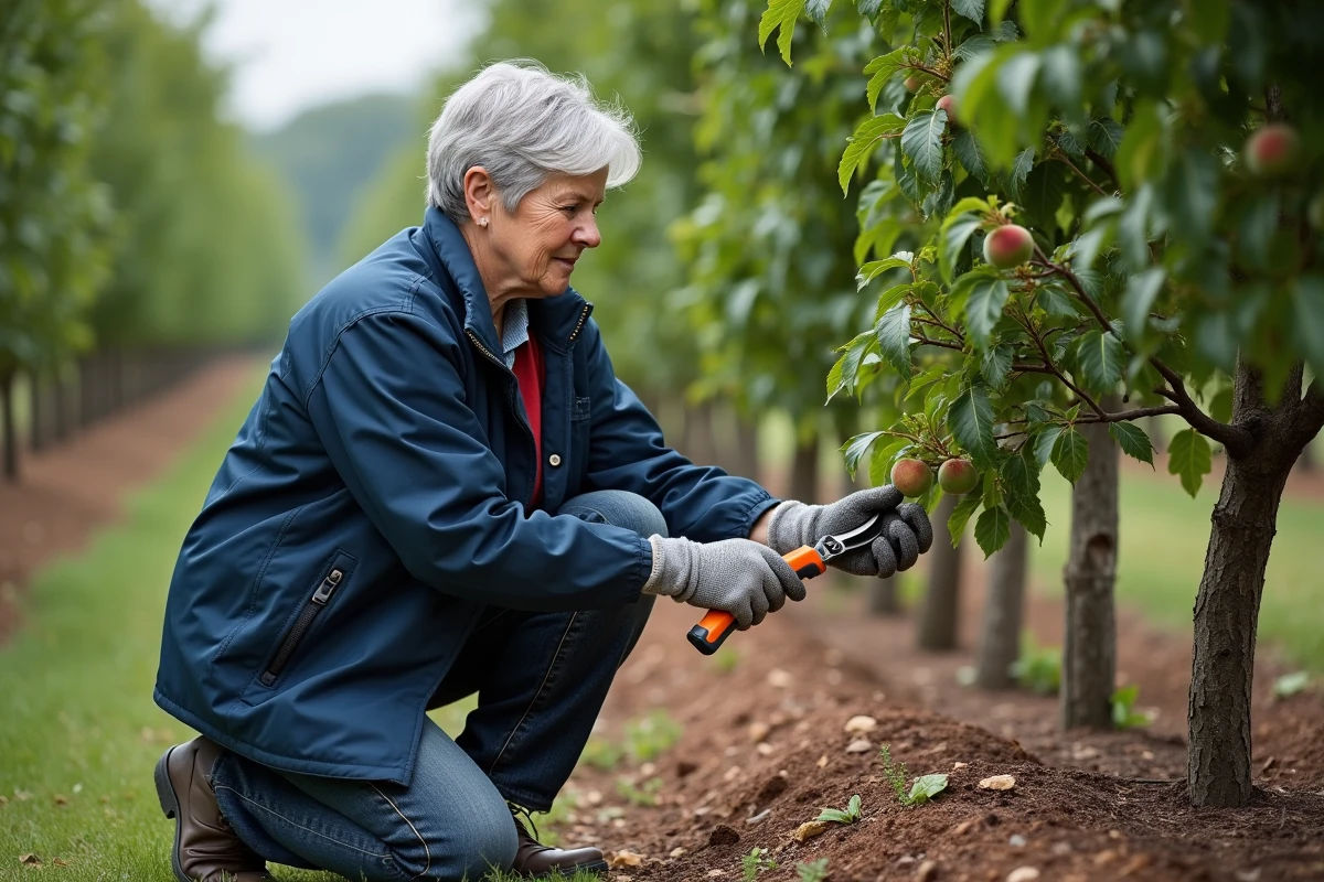 Femme âgée examine une branche de peche pour taillage précis