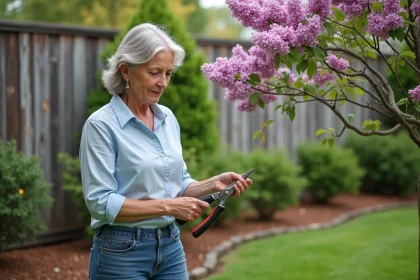 Femme d'âge moyen taillant un lilas des Indes dans un jardin