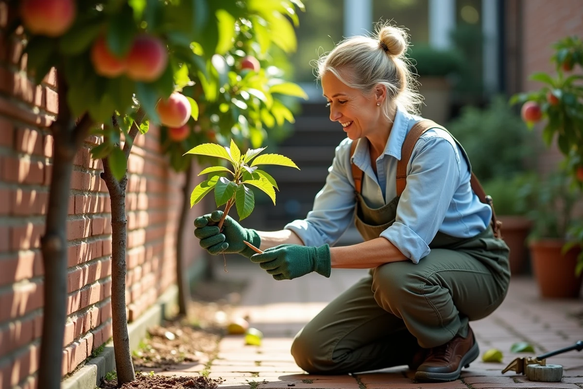 Femme moyenne examinant une branche de pêcher en espalier