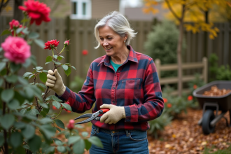 Femme taillant un rosier dans un jardin automnal