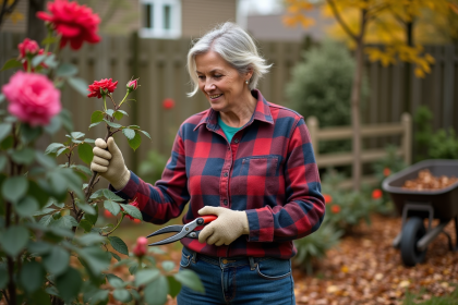Femme taillant un rosier dans un jardin automnal
