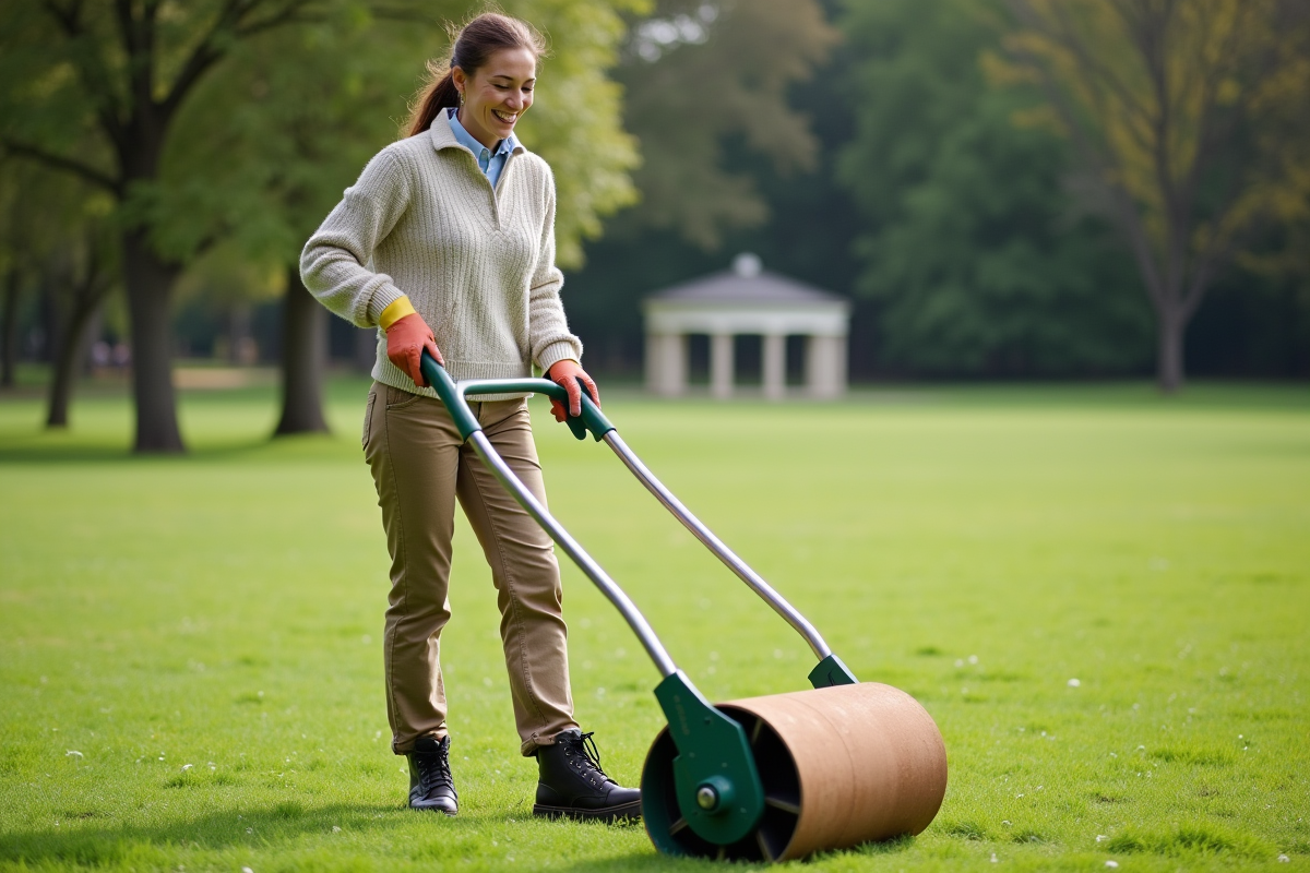 Femme souriante montrant comment utiliser une tondeuse dans un parc
