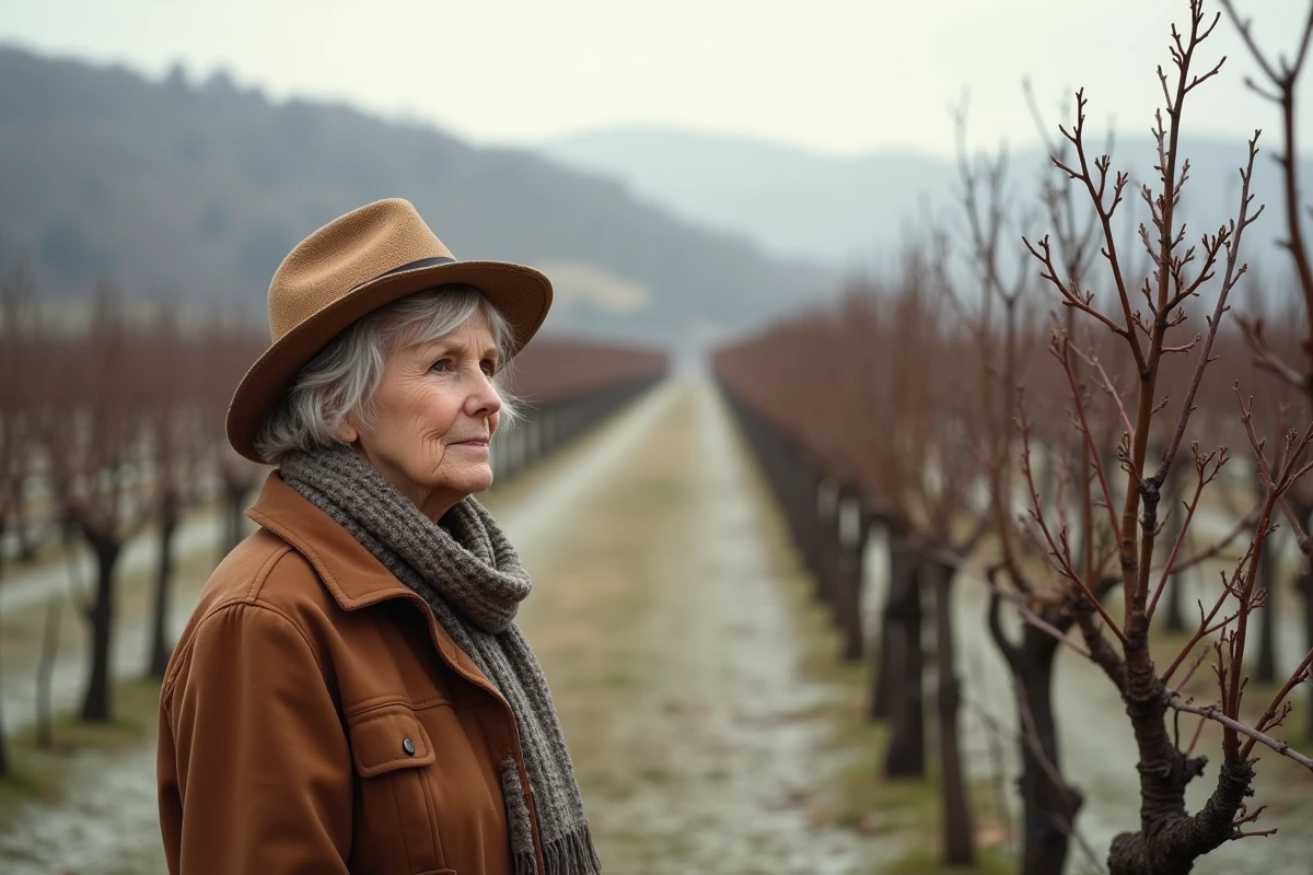 Femme agee inspectant les vignes en hiver