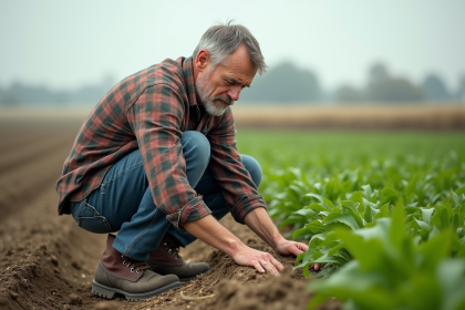 Fermeur inspectant des cultures vertes en champ non labouré