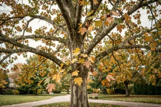 Feuilles jaunissantes et sèches sur un mûrier platane en parc urbain, signe potentiel de maladie fongique