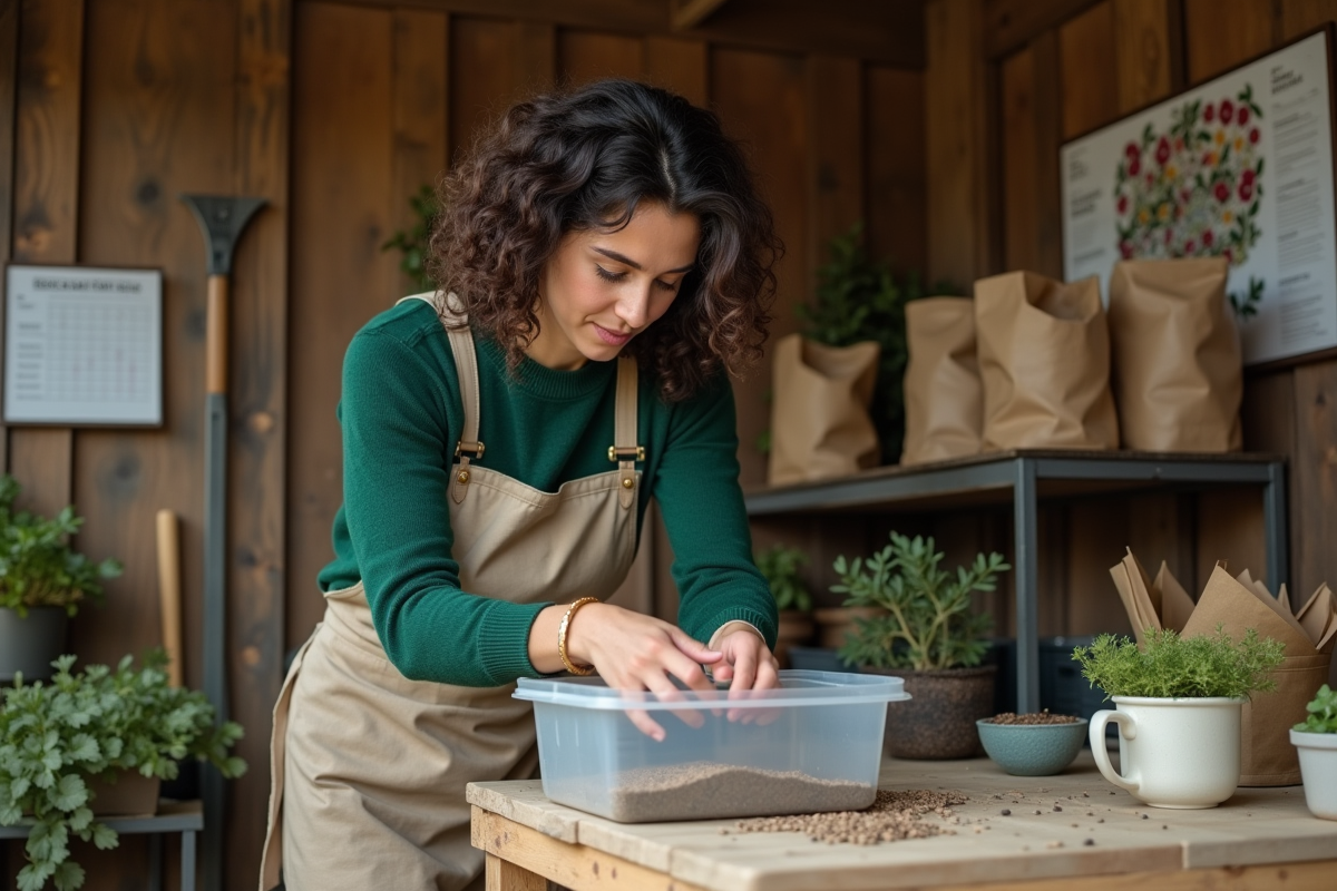 Jeune femme remplissant un contenant de graines dans un abri de jardin rustique