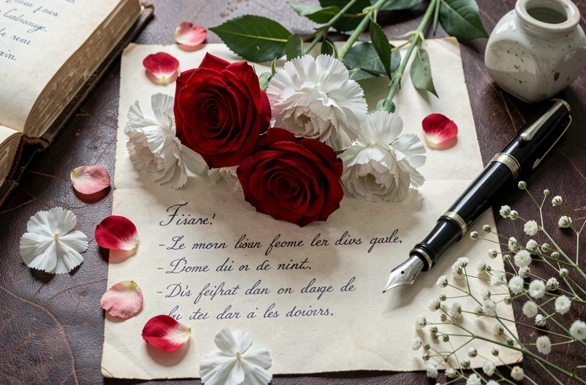 Composition en flat lay de roses rouges et d'œillets blancs avec des notes manuscrites en français sur le langage des fleurs posées sur un bureau ancien