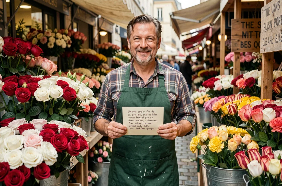 Fleuriste tenant une carte explicative du langage des fleurs devant un étal de roses et d'œillets colorés au marché en plein air