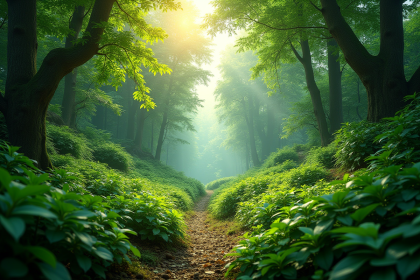 Forêt verte luxuriante avec végétation saine et ensoleillée