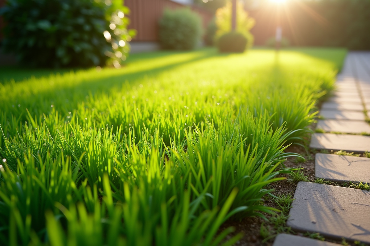 Jeune gazon vert brillant avec chemin de jardin au matin ensoleille