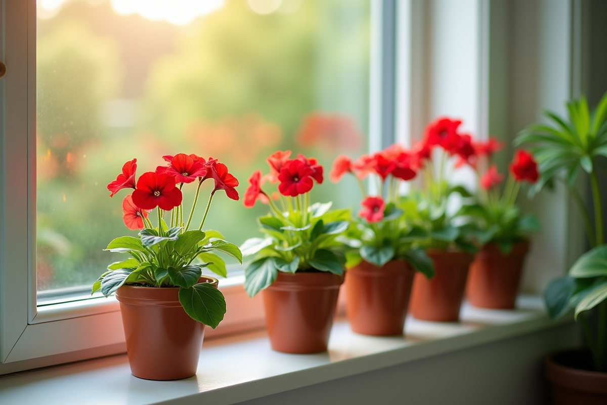 Géraniums fraîchement plantés dans des petits pots sur une fenêtre lumineuse