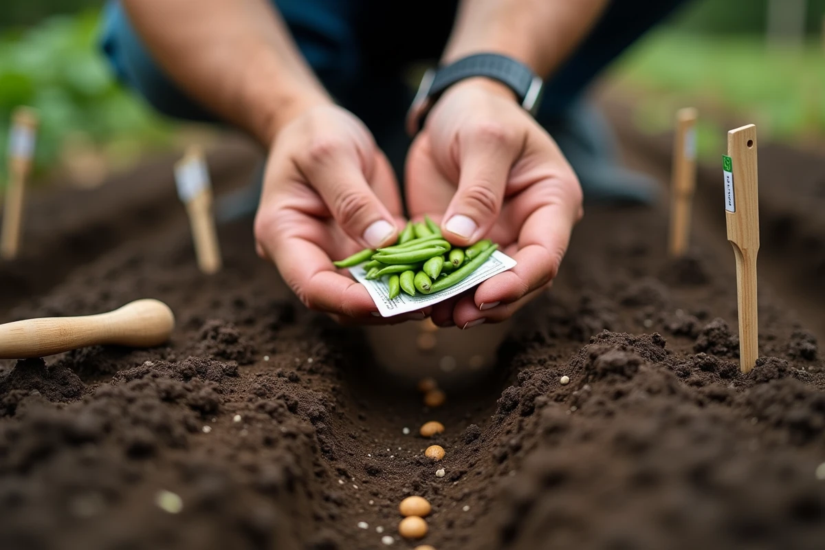 Mains tenant un sachet de graines de haricots au-dessus d'un sillon creusé dans la terre d'un potager bien préparé