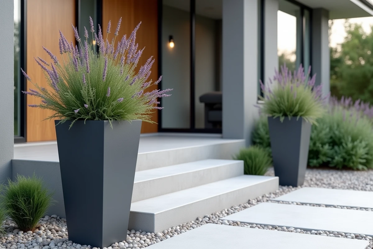 Deux grands pots de fleurs extérieurs de 100 cm en fibre de verre encadrant l'entrée d'une maison moderne
