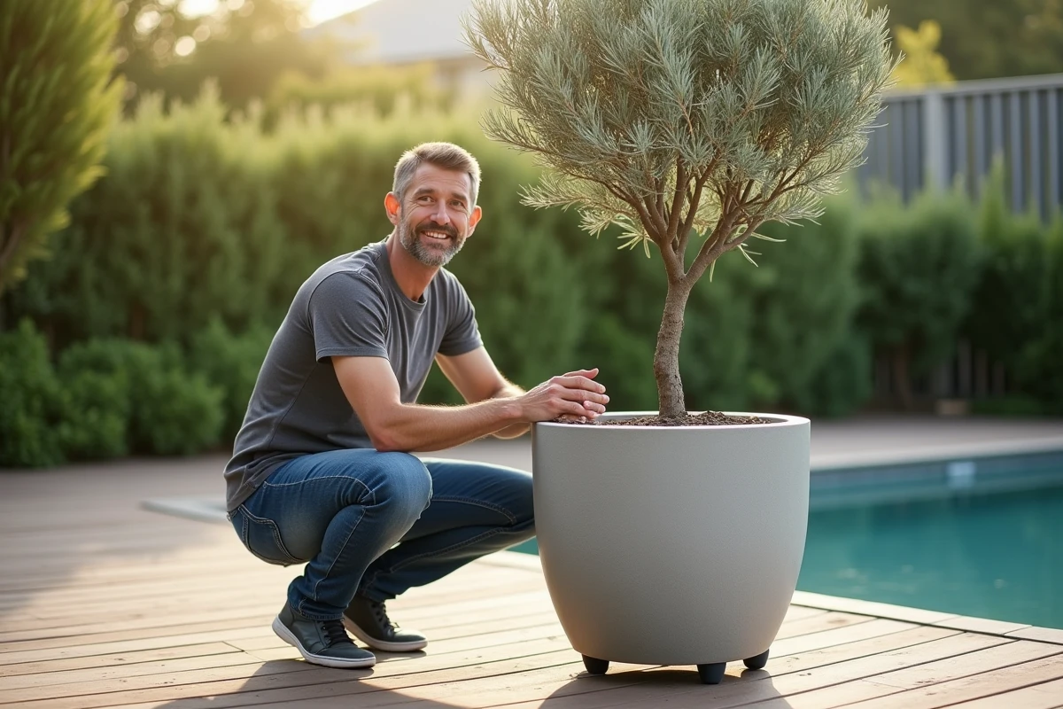 Homme inspectant un grand pot de fleur extérieur léger de 100 cm sur roulettes avec olivier sur une terrasse en bois