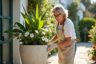 Femme déplaçant facilement un grand pot de fleur extérieur léger de 100 cm sur une terrasse en pierre