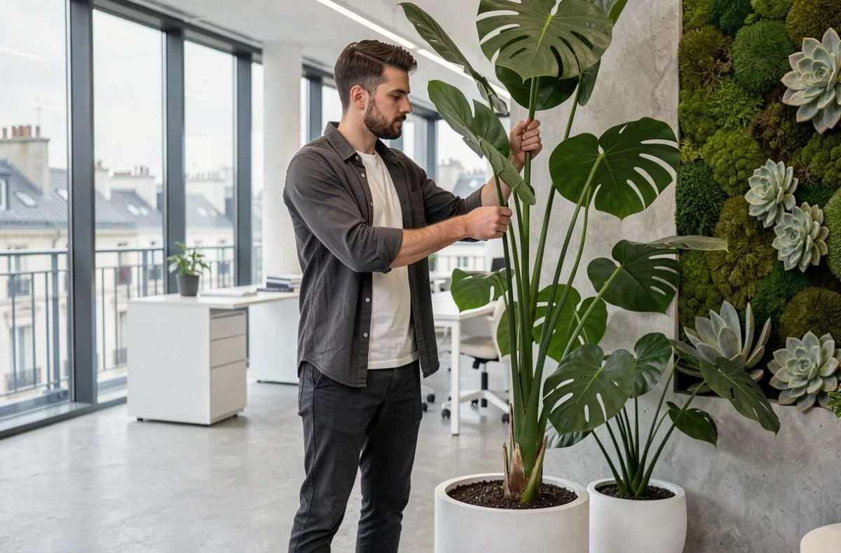 Designer de Green Decor installant des végétaux architecturaux dans un bureau parisien contemporain