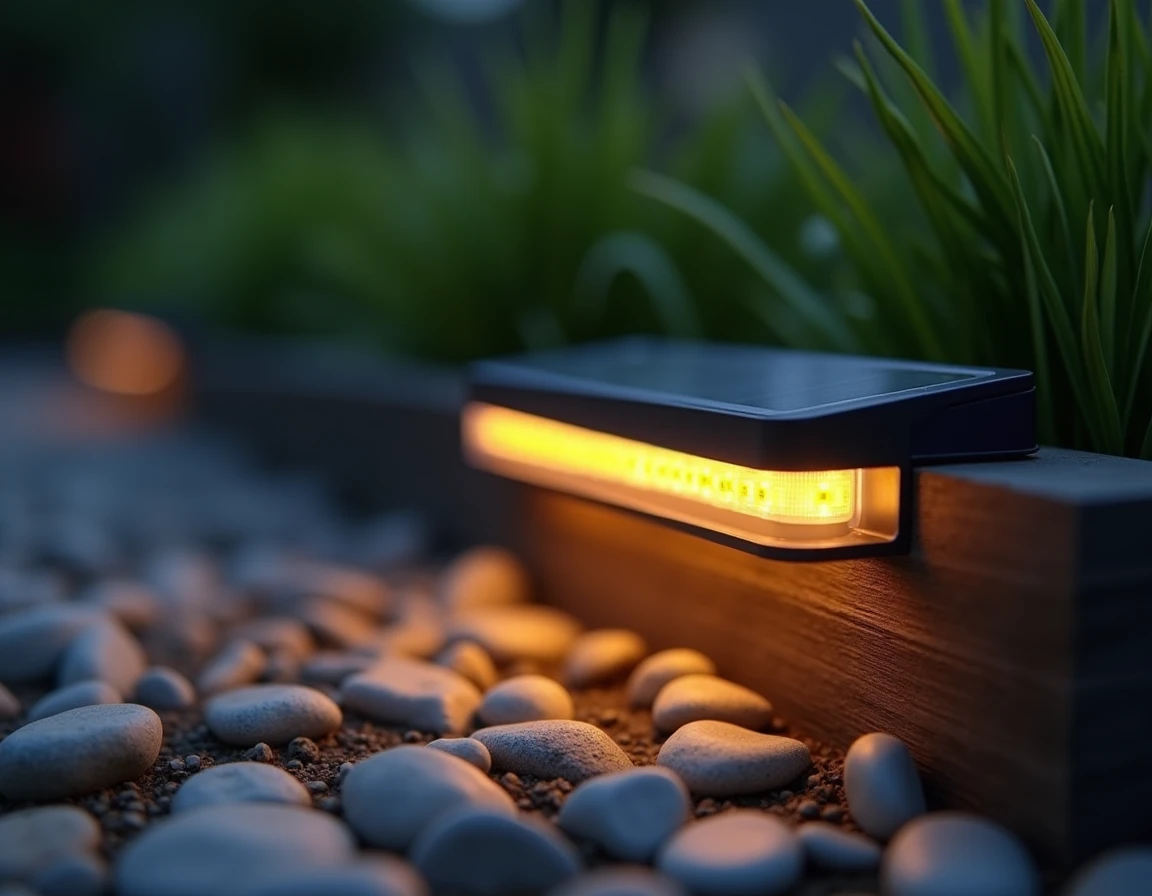 Gros plan d'une bande LED étanche solaire fixée sur la bordure d'un massif de jardin, mettant en valeur les détails du ruban lumineux et les textures naturelles du sol