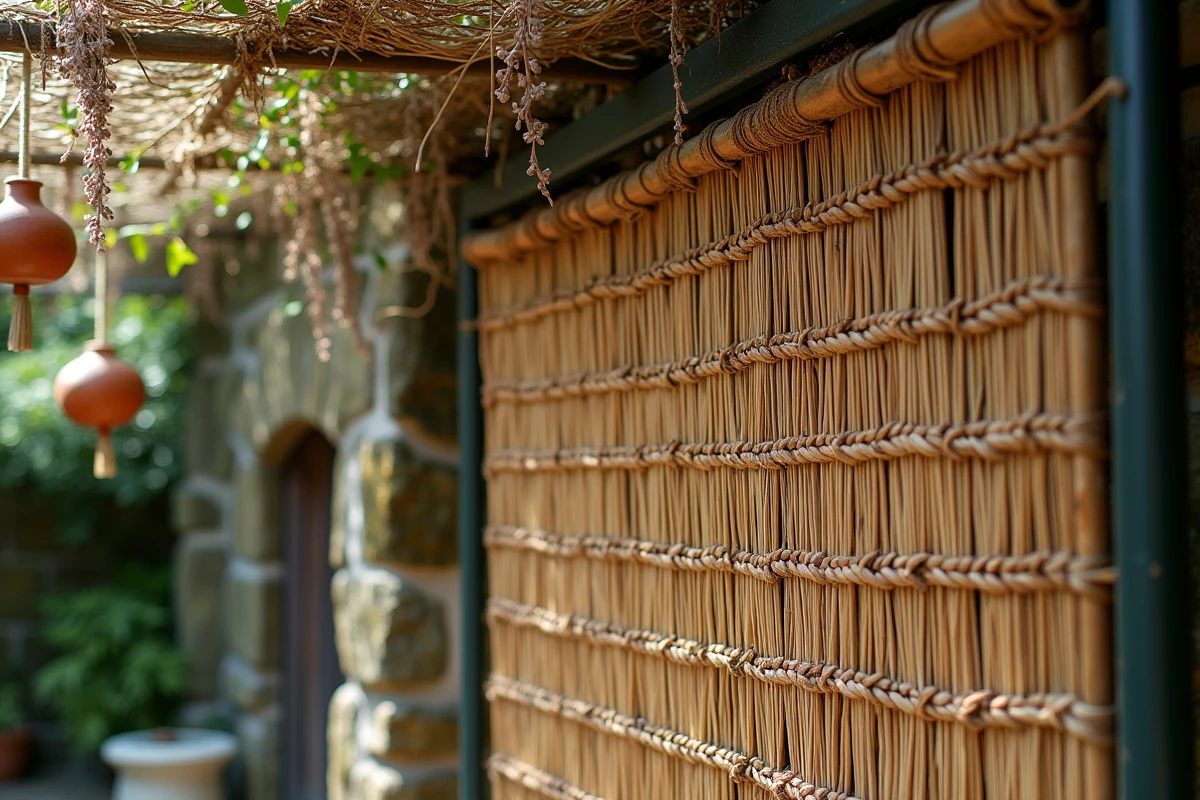 Gros plan sur une canisse en roseau fixée sur une pergola en fer forgé, avec des lianes de glycine séchée et des lanternes vintage en céramique