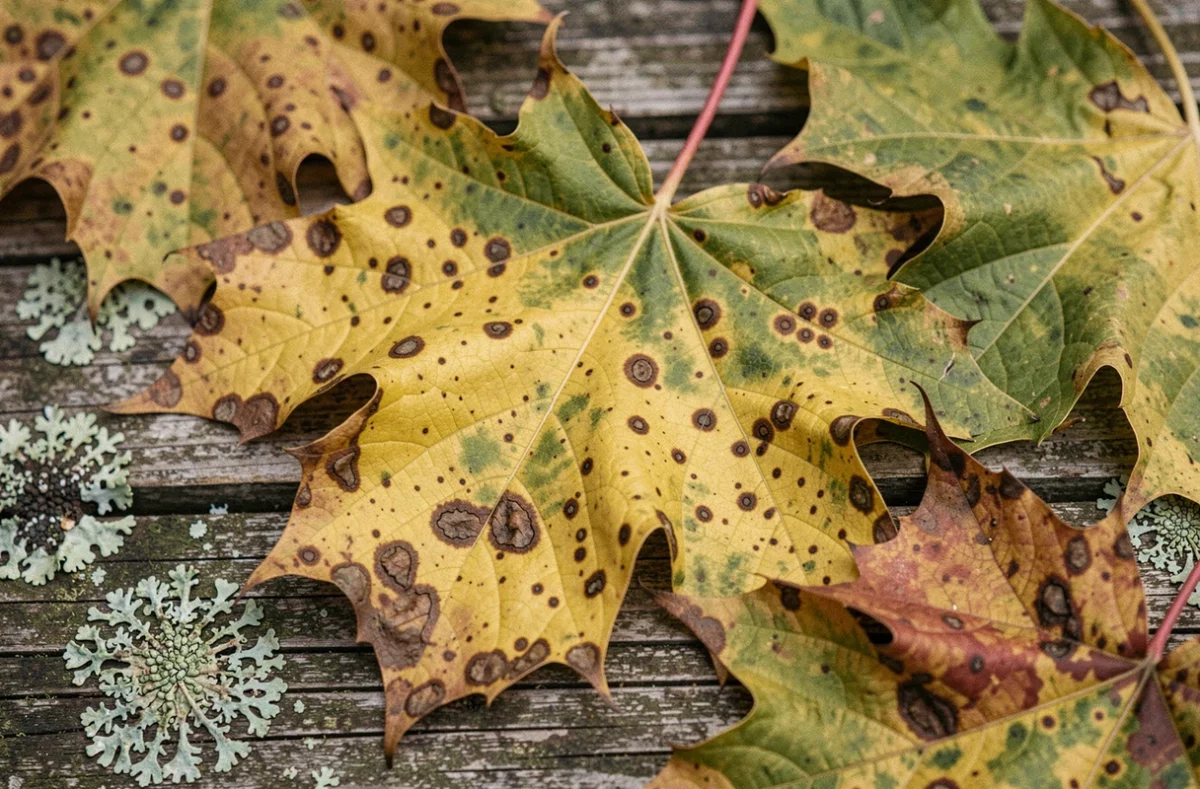 Gros plan sur des feuilles de mûrier platane malades présentant des taches nécrotiques brunes et un jaunissement