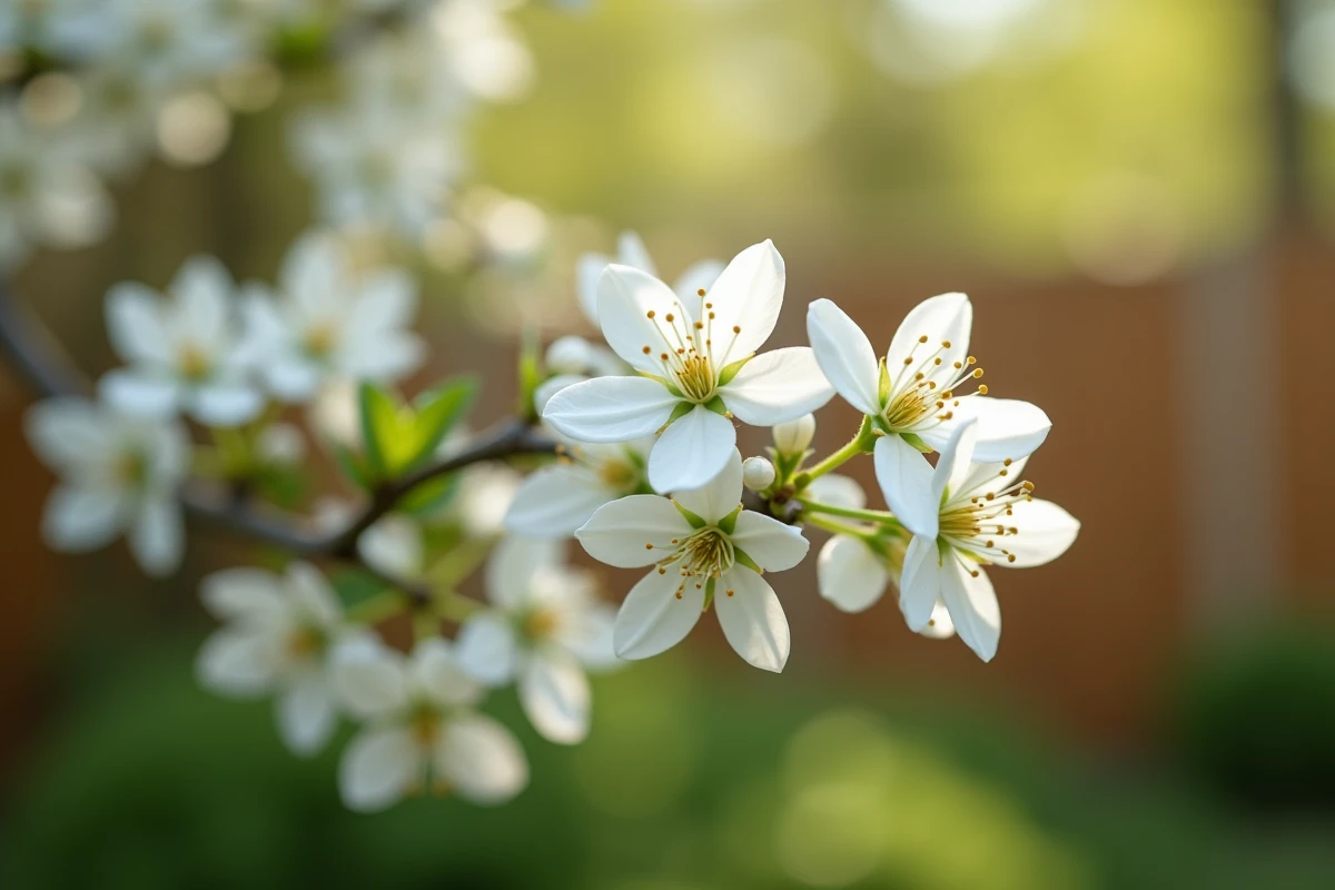 Gros plan sur les fleurs blanches délicates d'un arbuste de printemps avec étamines dorées visibles